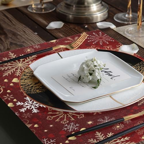 Christmas Placemats Set of 6 - Gold White Snowflakes Holiday Table Mats - Double Sided Burlap, 18x12 Inches - Variation of THIS listing
