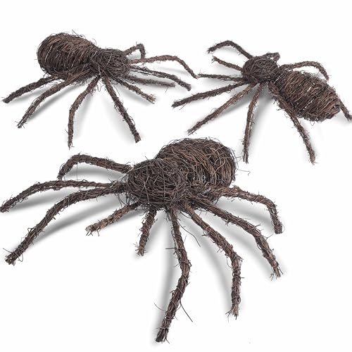 Large Halloween Rattan Spider Decorations Set - Natural Wicker, 3 Pack