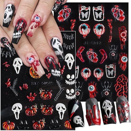 Halloween Nail Stickers - 8 Sheets 5D Embossed Skull Ghost Pumpkin Spider Bat Design - Variation of THIS listing