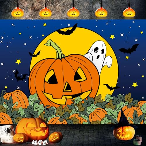 Halloween Pumpkin Field Photography Backdrop 8x6FT - Starry Sky Night Moon Ghost Scene - Baby Shower & Party Decorations - Variation of 96x72 Inches