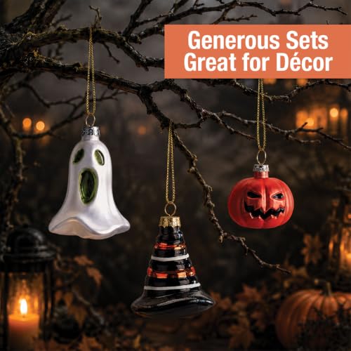 Halloween Glass Ornaments Set - 12 Hand Painted Holiday Decorations, Witch, Ghost & Jack O Lantern - Variation of THIS listing