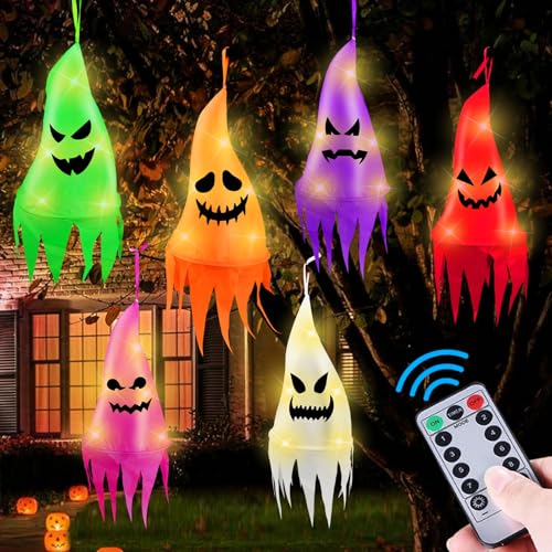Outdoor Halloween Hanging Ghost Decorations with LED Lights - 6 Pack
