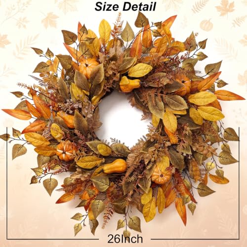 Fall Front Door Wreath 26 Inch Artificial Harvest Wreath with Maple Leaves and Pumpkins - Farmhouse Autumn Decor