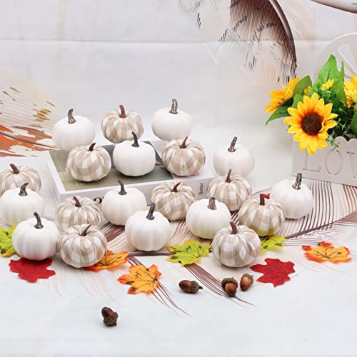 Artificial Mini Pumpkin Decor Set - Beige & White Gingham & Plain Pumpkins for Fall Halloween Thanksgiving
