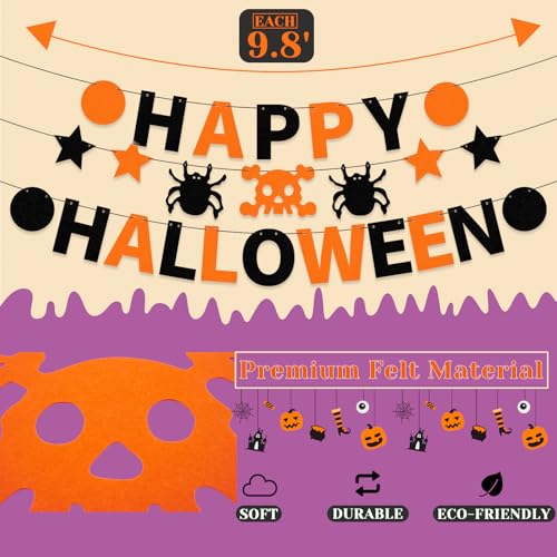 Halloween Felt Banner Garland - Happy Halloween Indoor Decor with Skull & Spider Pattern - Black & Orange
