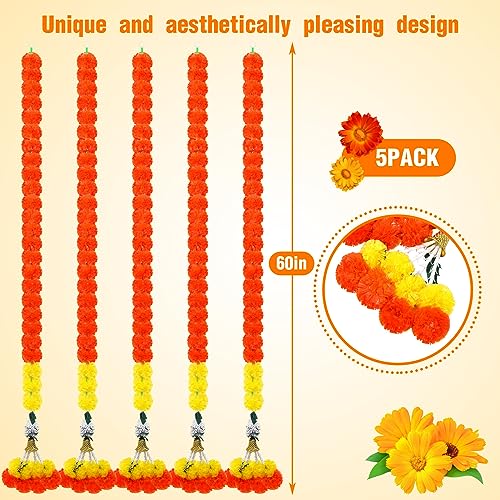 Dark Orange 5-Piece Diwali Marigold Garland Set - 5 Feet Long Artificial Floral Decor