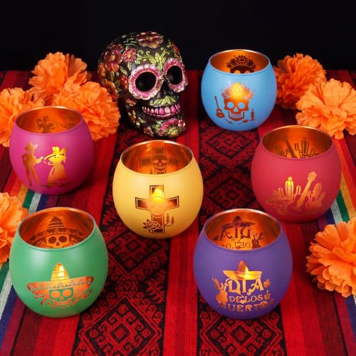 Day of the Dead Candle Holders Set - Vibrant Glass Decor for Festive Celebrations