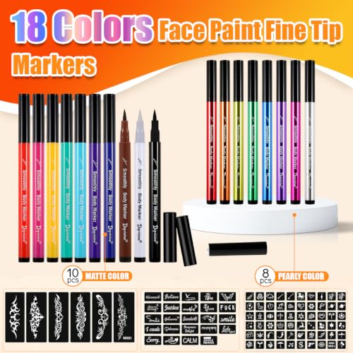 Face Painting Markers Set with 138 Stencils, Water-Resistant Glitter & Matte Ink