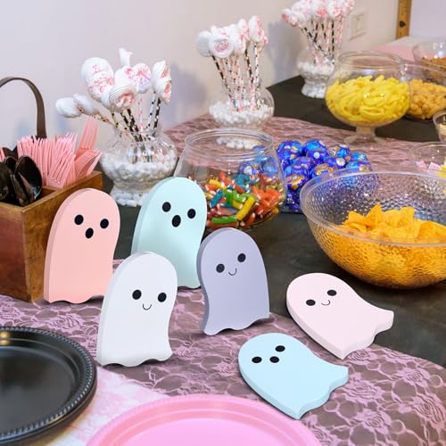 Pastel Halloween Ghost Decorations Set - Wooden Tabletop Signs for Fall Home Decor