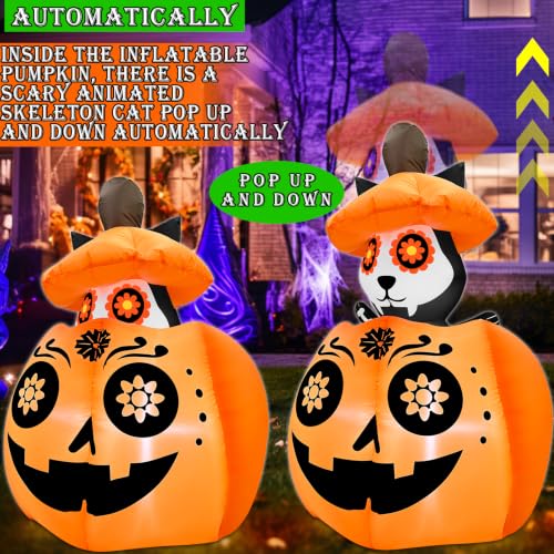 5 Ft Inflatable Halloween Skeleton Cat on Pumpkin with LED Lights - Day of The Dead Decor