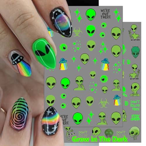 Glow in the Dark Alien Nail Art Stickers - ET UFO Space Manicure Decals, 6 Sheets