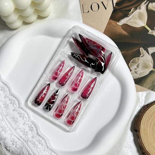 Press On Nails Long Stiletto Goth Red Black Design - 24 pcs with Glue - Variation 02305-10Red&Black