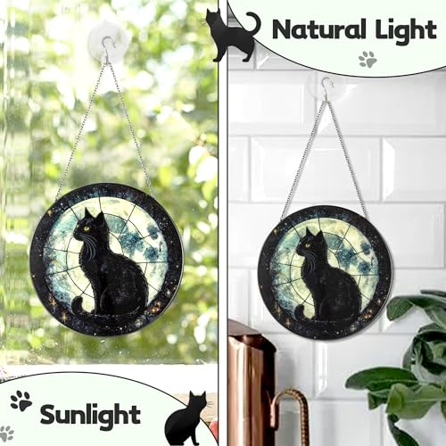 Black Cat & Moon Stained Glass Suncatcher Window Hanging Decoration - Variation: Black Cat
