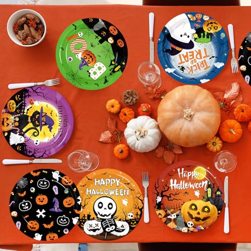 Halloween Paper Plates 9 Inch 60 Pack - Trick or Treat Boo Pumpkin Black Cat Spider