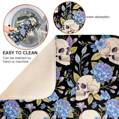 Halloween Skull & Floral Dish Drying Mat 18x24 Inch Kitchen Counter Protector