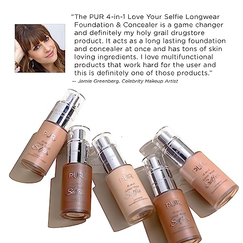 PÜR MINERALS 4-in-1 Love Your Selfie Foundation & Concealer - Longwear Full Coverage Liquid Makeup Foundation with Hydrating Blend for Refined-Looking, Natural Beauty Glow, Skin Texture & Tone