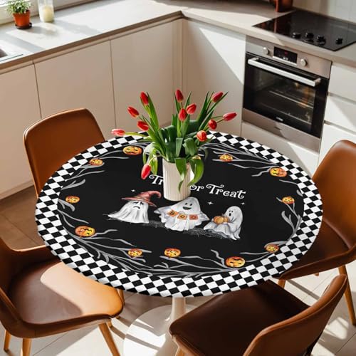 Halloween Fitted Round Tablecloth - Trick Or Treat Quotes Waterproof Cover with Elastic Edge, 45-54 Inch, Black