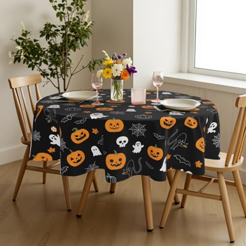 Halloween Round Tablecloth 60 Inch - Fall Pumpkin Ghost Spiderweb Design - Black & Orange