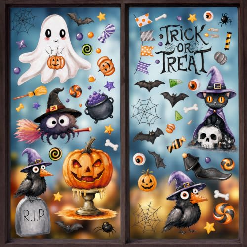 Halloween Window Clings Set - 86pcs Cute Spooky Ghost, Black Cat, Spider & Pumpkin - Variation Halloween1