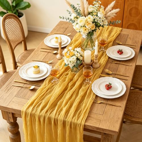 Yellow 6-Pack 10FT Rustic Gauze Table Runners for Wedding & Party Decor - Boho Style