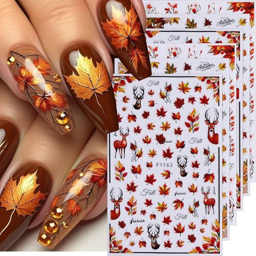 Fall Nail Stickers for Nail Art Maple Leaf Decals 6PCS Autumn Leaves Deer Design - Fall-03