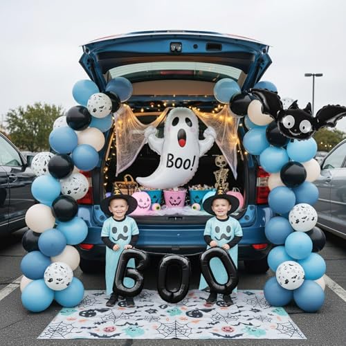 Blue Halloween Trunk or Treat Car Decorations with Ghost & Bat Foil Balloons - Halloween Blue Black