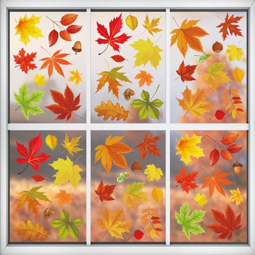 Fall Leaves Window Clings - 6 Sheets 60 Pieces Autumn Decor with Maple & Acorn Patterns