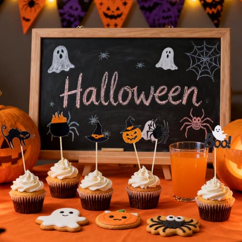 Halloween Cupcake Toppers Set - 24 Glitter Spider Ghost Pumpkin Cake Picks