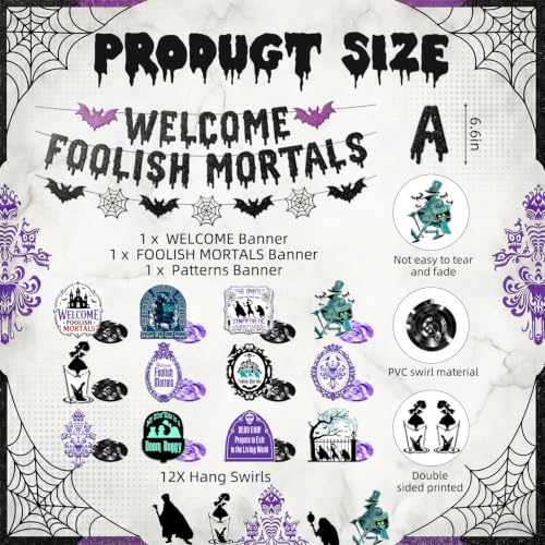 Halloween Haunted Party Decorations Banner & Swirls Set - Black Glitter Welcome Mortals