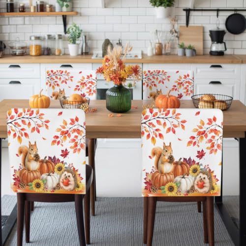 Fall Chair Back Covers Set - 4pcs Autumn Thanksgiving Slipcovers in White & Orange