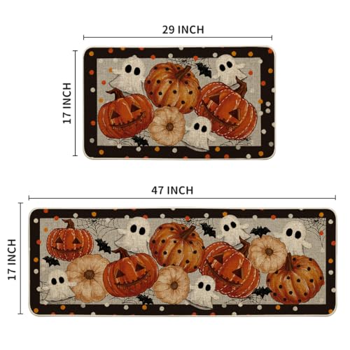Halloween Kitchen Mats Set of 2 - Black Ghost Design, 17x29 & 17x47 Inches