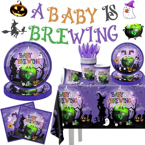 Halloween Baby Shower Party Supplies 142pcs Tableware Set with Plates Cups Napkins Banner & Tablecloth