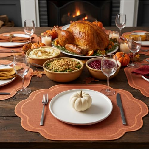 Cotton Fall Thanksgiving Placemats Set of 6 - Elegant Orange Scalloped Table Mats