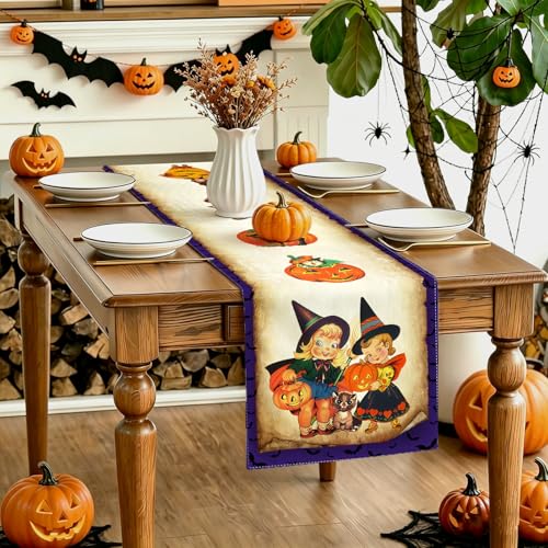 Purple Halloween Table Runner 13x72 Inch October Retro Home Party Decor