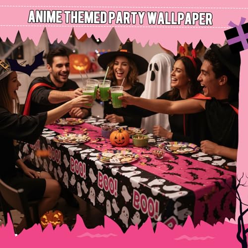 Pink Halloween Tablecloth Set - Ghost & Bat Party Decorations, Waterproof Plastic, 3 Pack