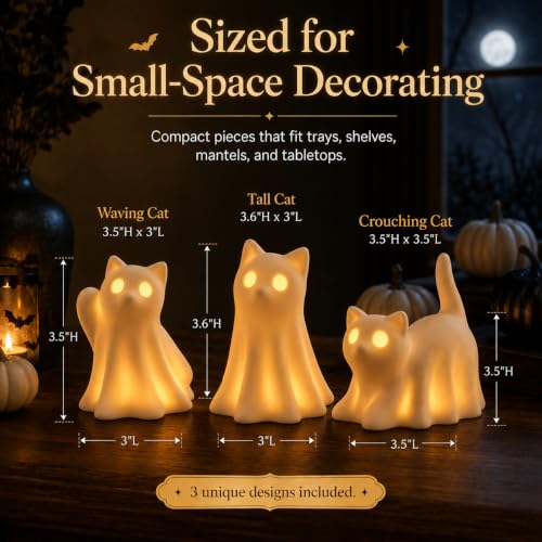 3-Pack Ceramic Ghost Cat Halloween Figurines - Indoor Tabletop Decor