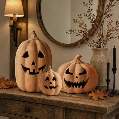 Halloween Terracotta Pumpkin Lanterns Set - Spooky Decor for Indoor & Outdoor