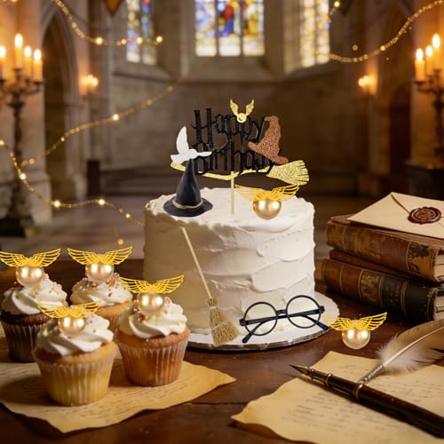 Wizard Cake Topper 14PCS Magical Wizard Party Decorations for Halloween & Birthday - Gold & Glasses Variation 2