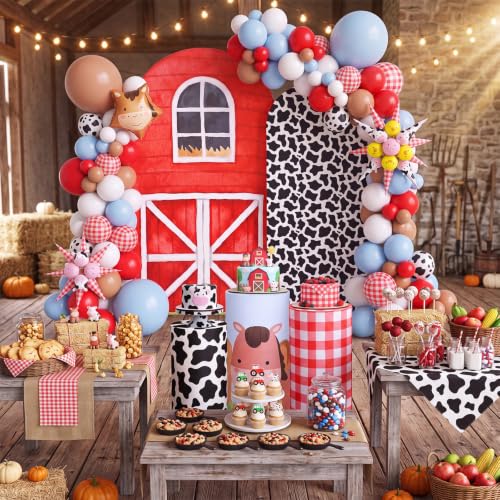 Farm Party Decoration Set with Barn Animal Spandex Arch Backdrop & Cylinder Pedestal Covers - Kids Event Decor