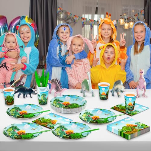 Dinosaur Party Supplies Set for Kids - Plates, Napkins, Cups & Cutlery, Serves 24
