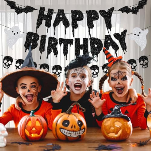 Halloween Birthday Banner Set - Glitter Paper Garland with Bats Skulls Ghosts