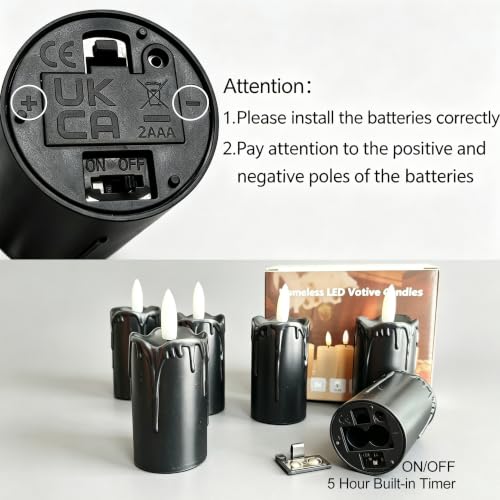 6 Pack Flameless Votive Candles with Timer - Black, Battery Operated, 1.5 x 3.5 Inches - Safety & Realistic Flicker
