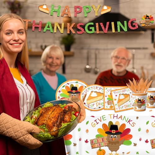 Thanksgiving Party Tableware Set - 142pcs Turkey Plates Napkins Cups Decor