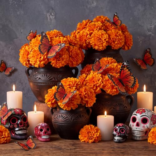 Artificial Marigold Flower Bouquet - Day of the Dead Ofrenda Decor, Orange, 7 Flowers