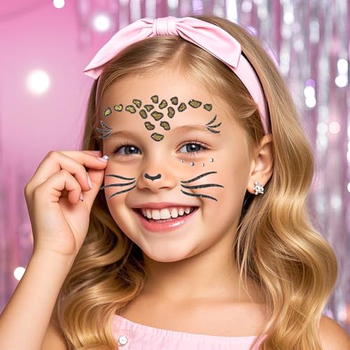 Leopard Face Stickers Halloween Face Tattoo with Rhinestones - Variation 01