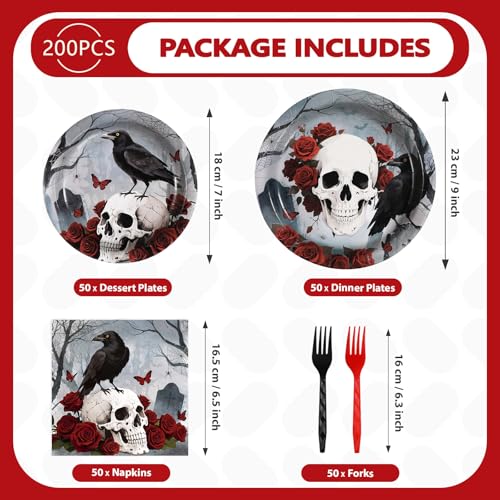 200PCS Halloween Gothic Skull Rose Party Supplies Plates Napkins Set