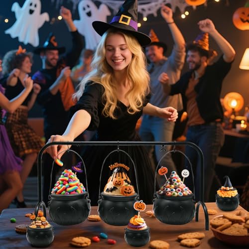Halloween Cauldron Set with Rack - 3 Large & 6 Mini Black Plastic Cauldrons for Party Decor
