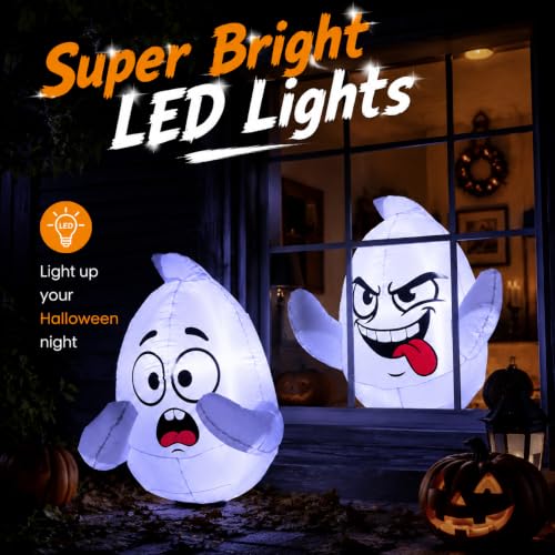 Halloween Inflatable Window Ghosts - 3.5 Ft Flying Ghost Decorations with LEDs & Suction Cups - White Ghost Variation