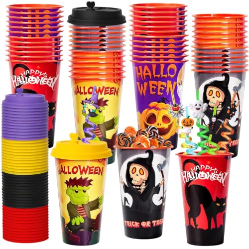 48 Pack Halloween Party Cups with Lids & Straws - Festive Favors & Decor - Variation of 48