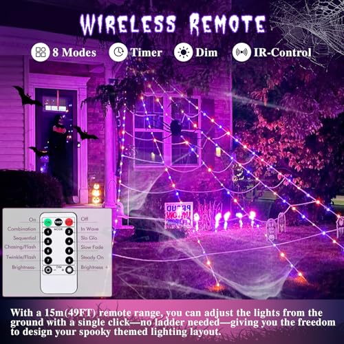 Halloween Spider Web Lights 17FT Giant Net with 290 LEDs & 8 Modes - Purple & Orange Variation